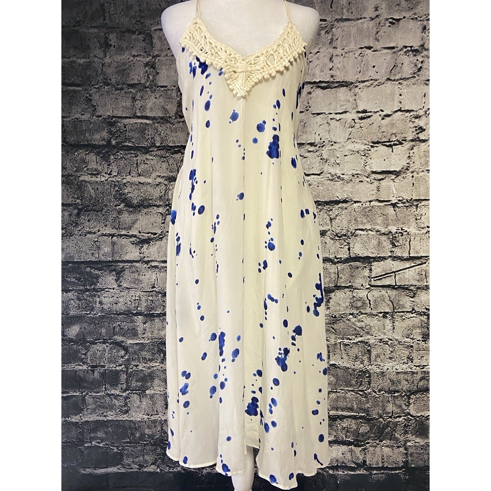 Maeve Dress Womens XS White Blue Splatter Print Crochet Lace Trim Spaghetti Stra